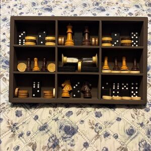 Trinket Shelf filled with Timeless Game Pieces